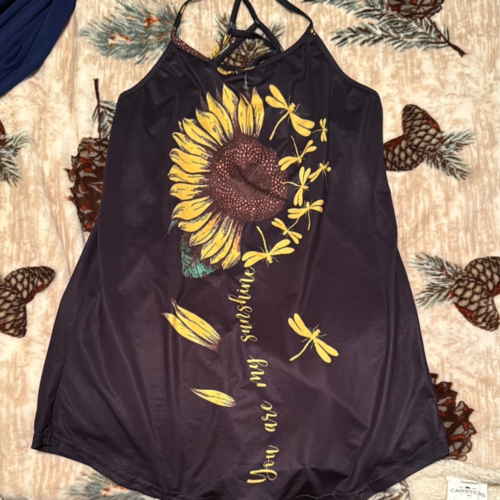 Sunflower Print Black Top